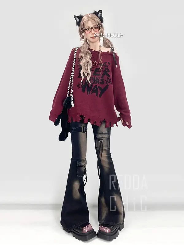 REDDACHiC Low Waist Cargo Jeans Women Distressed Buckle Belt Bootcut Denim Pants Tall Girl Long Trousers Retro Grunge Streetwear - Image 4