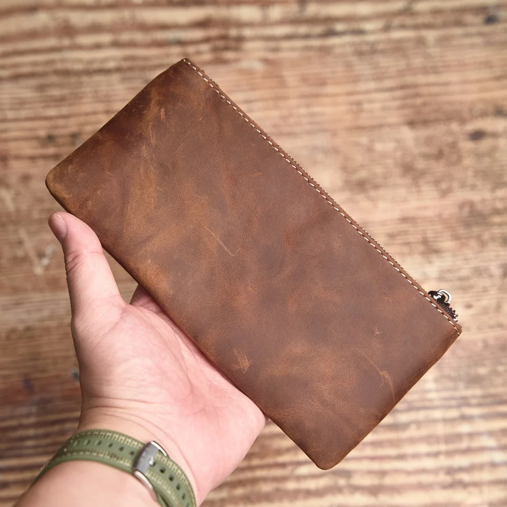 ZRCX Herren-Geldbörse aus echtem Leder mit langem Reißverschluss, erste Schicht aus Rindsleder, ultradünne Jugend-Handtaschen-Geldbörse, trendige Marke, einfache Geldbörse – Detail 14