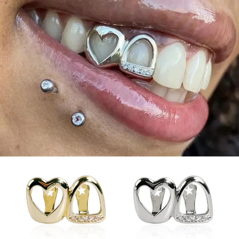

Double Tooth Jewelry Cool Hollow Heart Tooth Caps Punk Hip Hop Grills Gold Star Teeth Caps For Personal Wear Halloween Gift