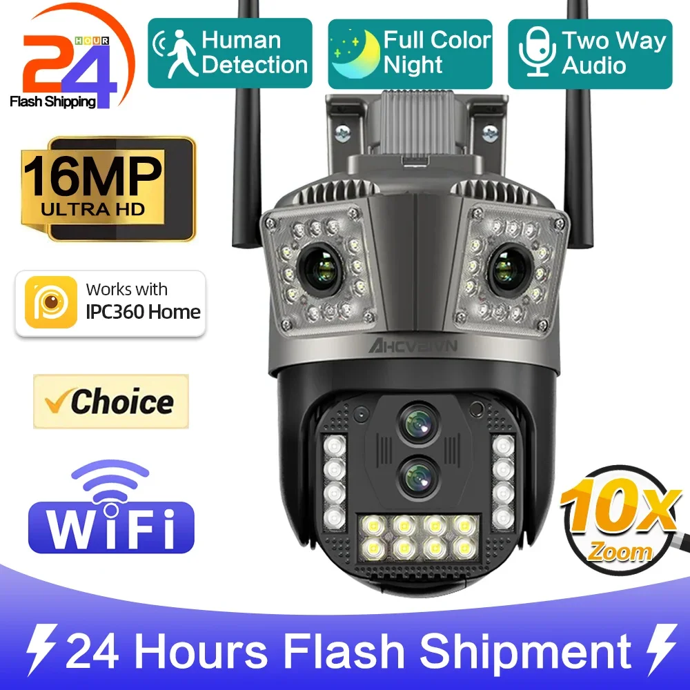 

8K 16MP WIFI IP Camera Outdoor 10X Optical PTZ Zoom Auto Tracking Four Lens Three Screen 2-Way Audio Wifi Surveillance Camera 6K