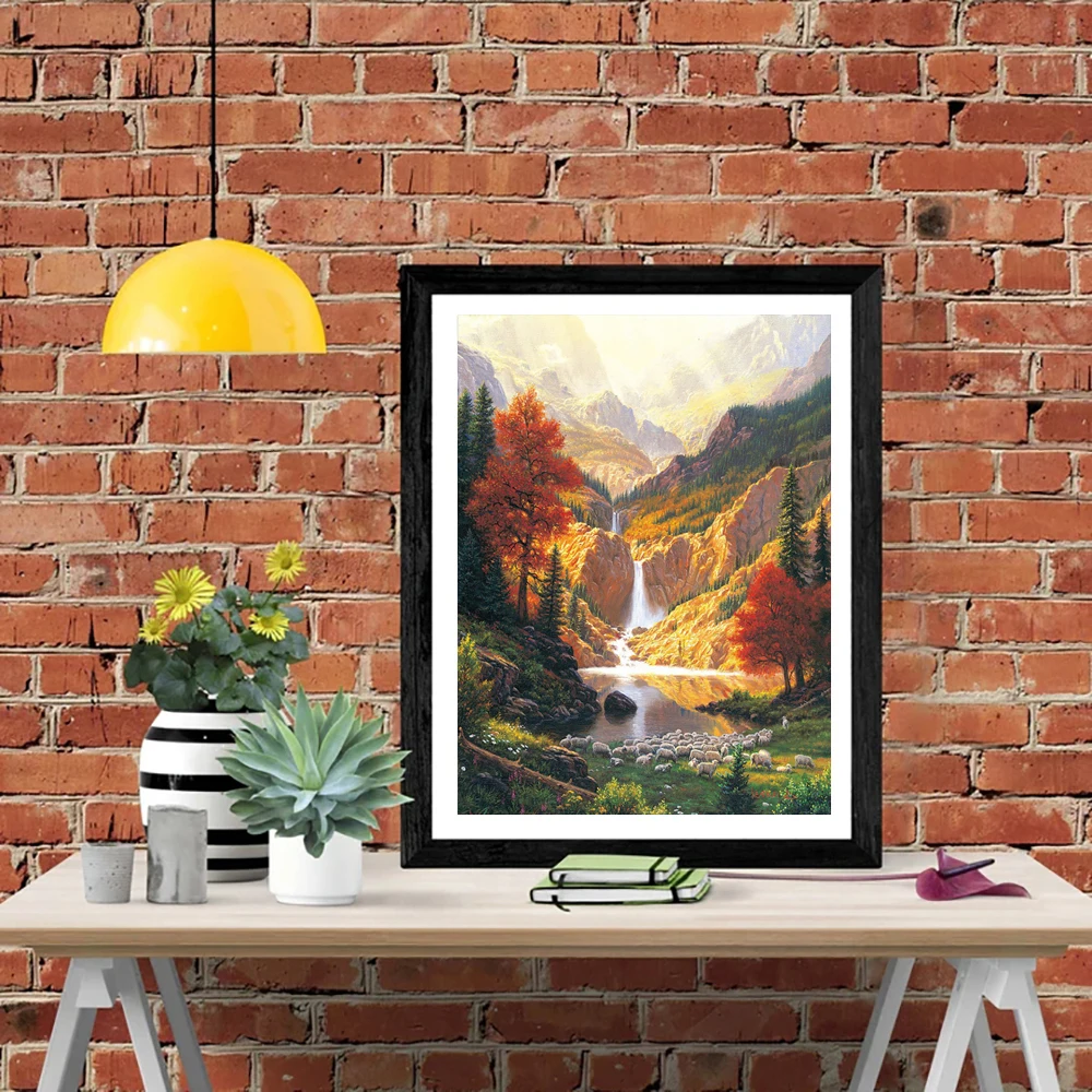 LZAIQIZG 5D Diamond Painting Golden Mountain Waterfall Diamond Embroidery Landscape Cross Stitch Handicraft Decoration For Home