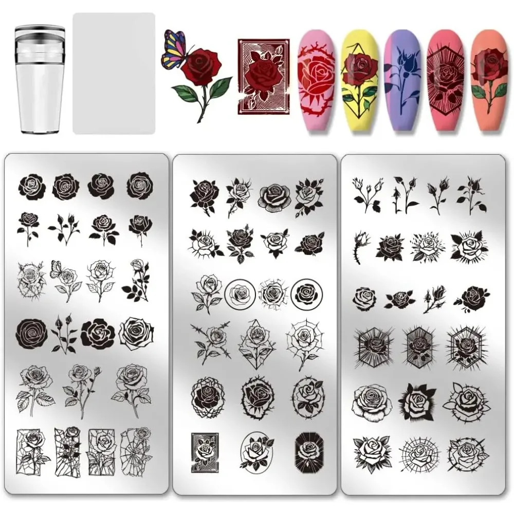 3 stücke Rose Blume Muster Nagel Stempel Platte Rose Riss Muster Druck Kunst Vorlage Edelstahl Nagel Bild Platte mit Stampe