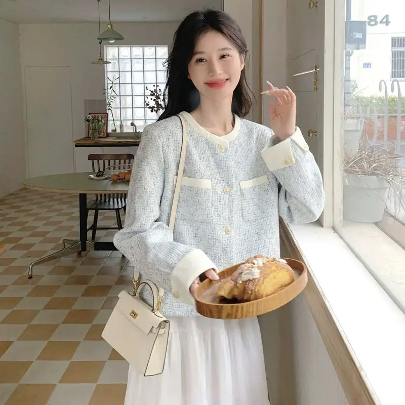 Design Vintage Tweed Jacket Women Short Jacket Spring Autumn Coat Sweet Trend Long-sleeved Top Single-breasted Office Lady Coat