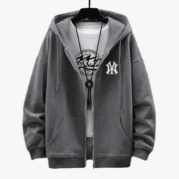 男性用単色オーバーサイズパーカー、ルーズトップス、アウトドアスポーツ、ストリートスタイル、ジッパーコート、ファッション服、無地プリント、春と秋