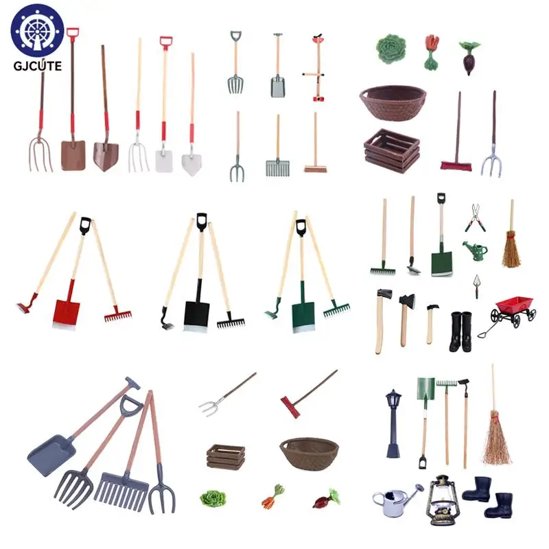 1Set Dollhouse Miniature Farm Tool Ax Shovel Pull Cart Broom Boots Watering Can Garden Decor Toy Doll House Accessories