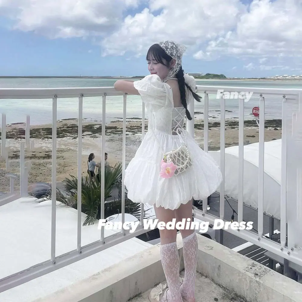 

Fancy Cute Puff Sleeve Evening Dress A Line Taffeta Wedding Dress Backless Mini Short Beach Formal Dresses Customized