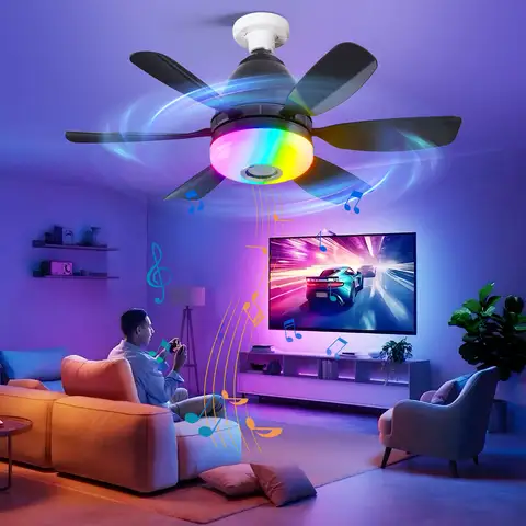 20in Socket Ceiling Fan RGB Light Bluetooth Speaker with Remote Quiet DC Fans 3 Speed 3CCT Lamp for Party Kitchen Small Spaces