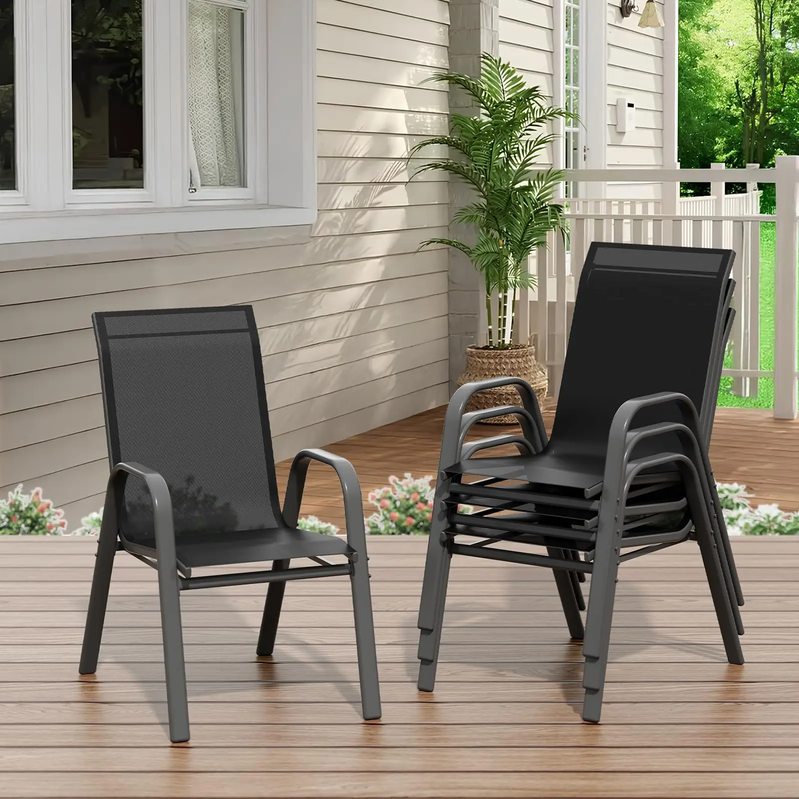 Ensemble de 4 chaises de jardin empilables en textilène, meubles de patio extérieurs résistants aux intempéries, chaise de salle à manger en métal pour balcon