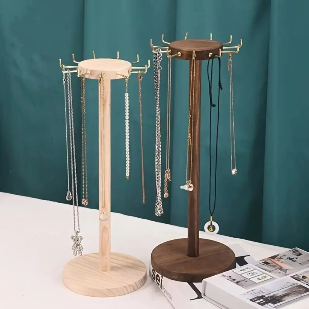 Display Stand Jewelry Organizer Solid Wood Pendant Bracelets Necklace Earrings Holder Round With 12 Hooks Jewelry Storage Rack