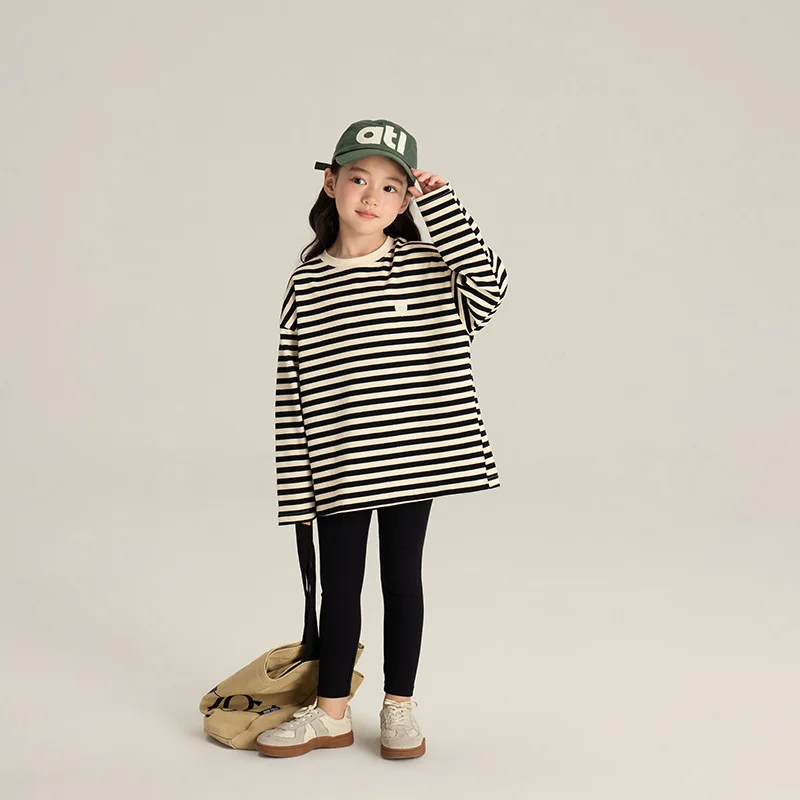 Girls' Western Style Striped Long SleeveTT-shirt2024Autumn Loose Casual Bottoming Shirt Embroidered Top for Boys and Girls