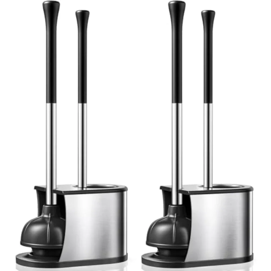 

Toilet Plunger and Brush Set: Pack in Stainless Steel Rustproof Combo with Curved Bristles - Heavy Duty Toilet Unclogging for F