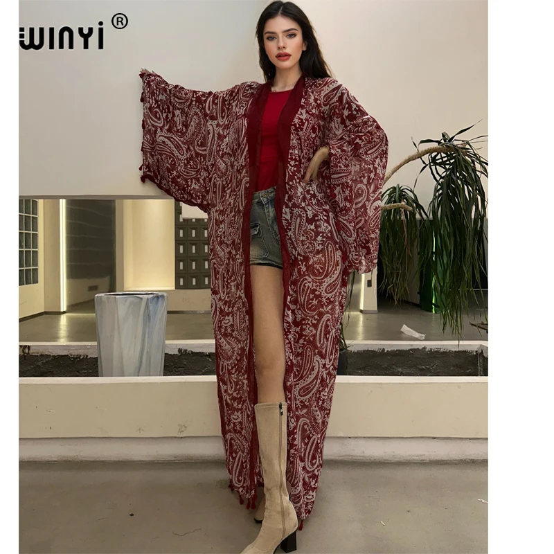 WINYI ملابس الصيف كيمونو أفريقيا بوهو طباعة الشاطئ التستر فستان مسلم بالأزرار ملابس الشاطئ النساء عباية دبي قفطان فاخر