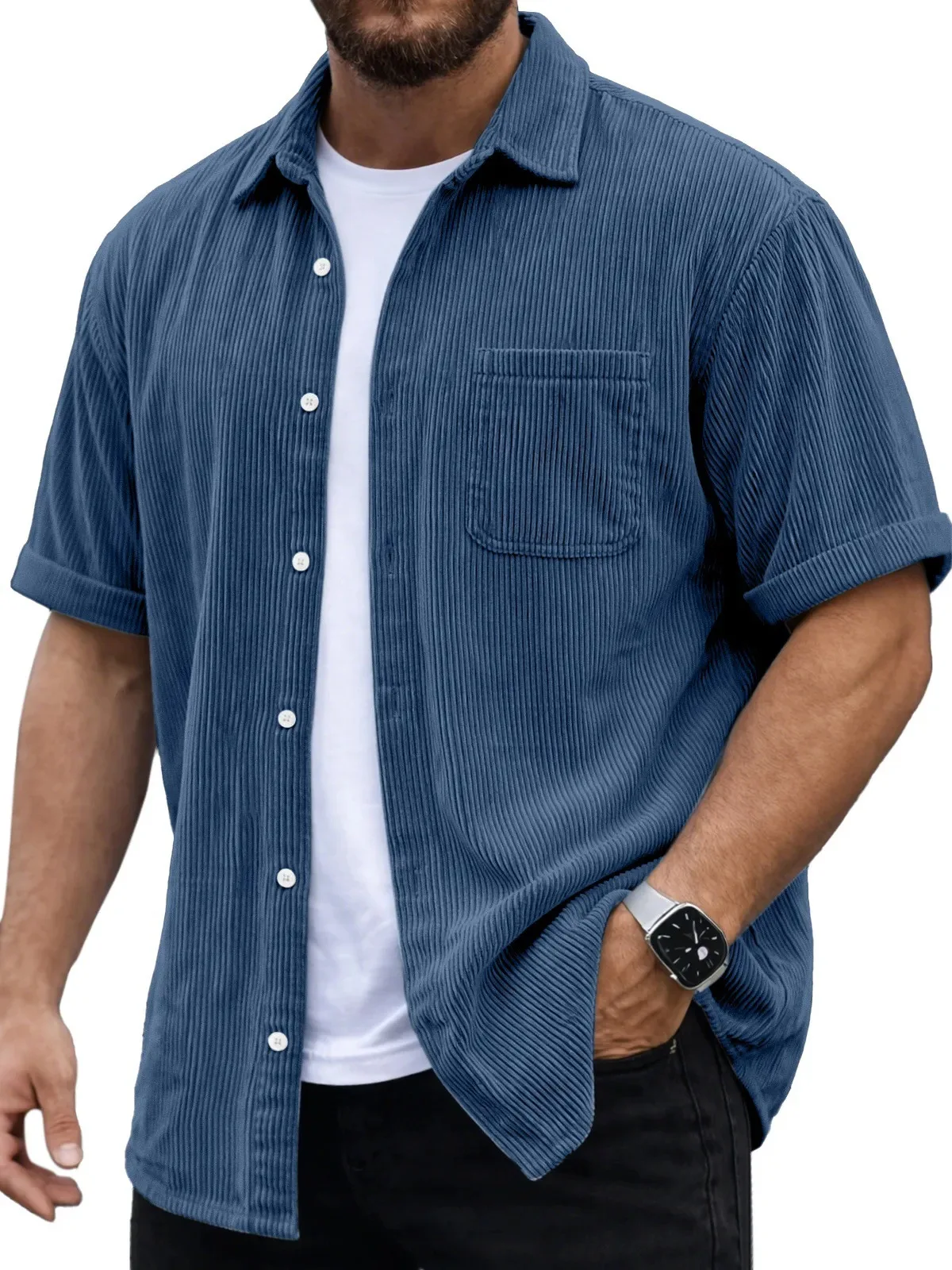 Corduroy Button Up Shirt Men - Herren Retro Cord Kurzarm-Hemd Sommer Lässiges
