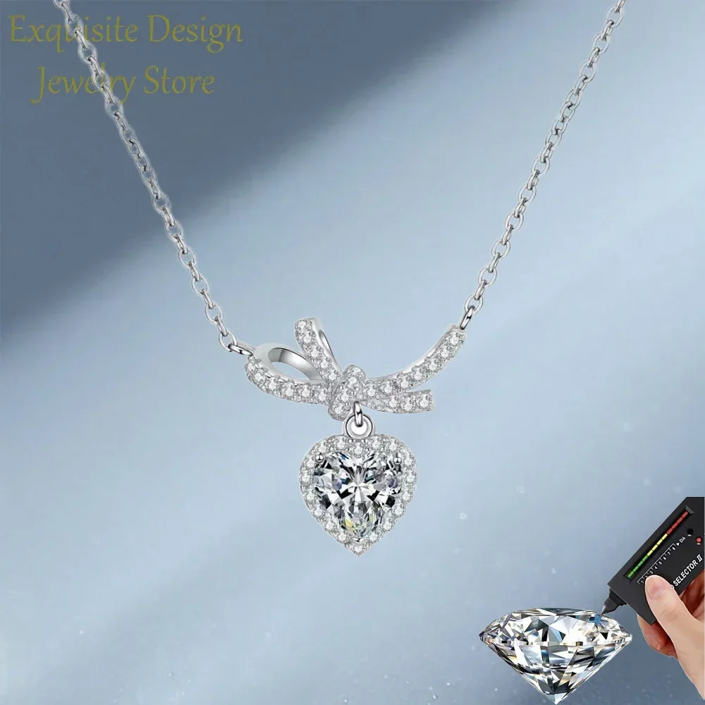 

Heart Necklace 1ct Moissanite Diamond Female Bowknot Pendant, Luxury Women's Platinum Pt950 Senior Designer Fine Jewelry Gift