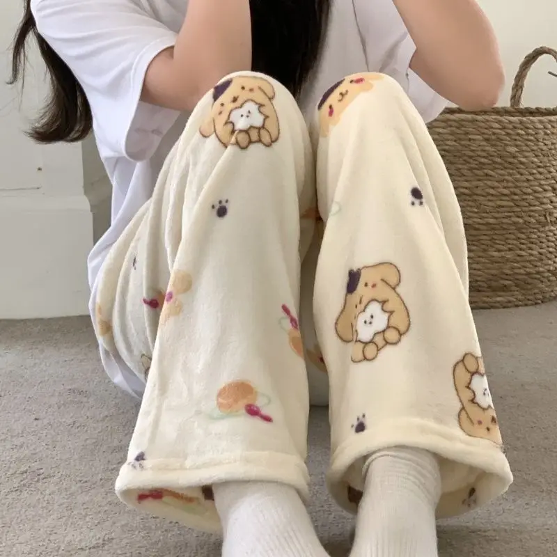 Plus Size 4XL Cartoon Dog Fluffy Pajama Pants Women Winter PJ Pants Warm Pyjamas Kawaii Beige Flannel Sleepwear Home Trousers