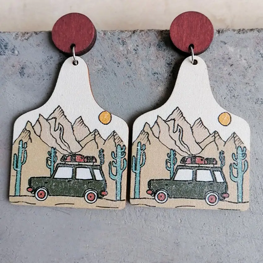 Desert Sunset Cactus Print Wood Cow Tag Earrings Western Design Landscape Show Wooden Earrings Cowgirl Travel Earrings Jewelry