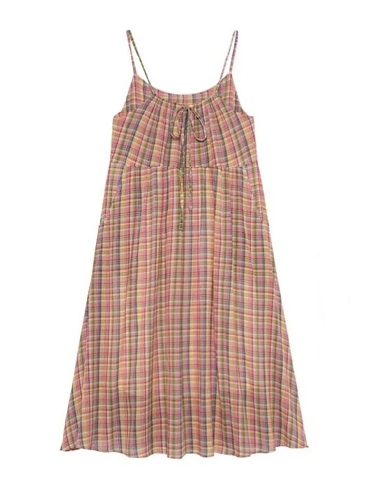 المرأة عادية بلا أكمام المتضخم السباغيتي فستان بحزام 2025 شاطئ حفلة شيك فضفاض فستان الشمس الصيف اليابان نمط فستان منقوش