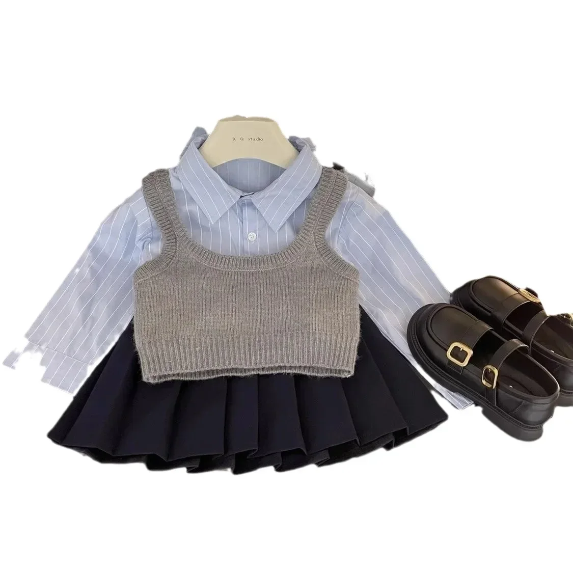 Academic Style Girl Autumn Clothes Set Knitted Vest+Blue Striped Shirt+Pleated Skirt 3 Piece Set Suit for Girls Half Skirt Set