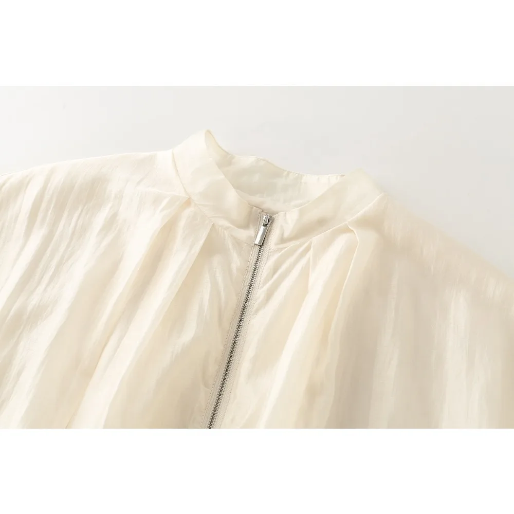 New in Stylish Pleated Bomber Jackets for Women Ecru Zippered Jackets with Concealed Side Seam Pockets Elegant Mock Neck Jackets