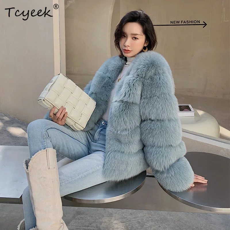 100% Real Fox Fur Coat Winter Women Short Striped Round Neck Solid color Thick Warmer Long Sleeves Natural Genuine Fur Coat