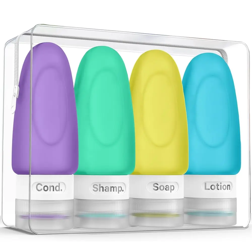 

Герметичные дорожные флаконы Dot Leak Proof - набор из 4 силиконовых бутылочек для путешествий - контейнеры для шампуня и кондиционера с пакетом TSA Quart Bag - 1 унция