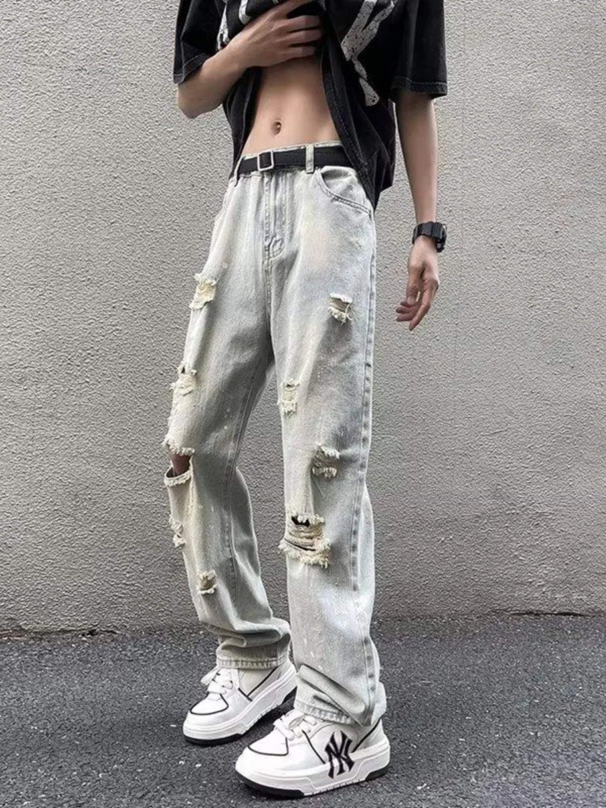 

Мужские джинсы в стиле ретро, прямого кроя, для хип-хопа, весна-осень, в американском стиле High Street, с эффектом потертости, крутые брюки Haome