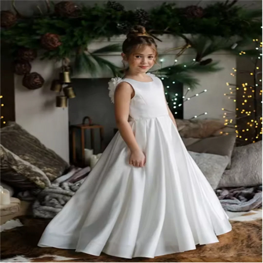 

Wedding Birthday Satin Wedding Party Ball Gowns with Pearls Flower Girl Dress 2-14 Floral Holy Communion Dress Kids Gala Dress