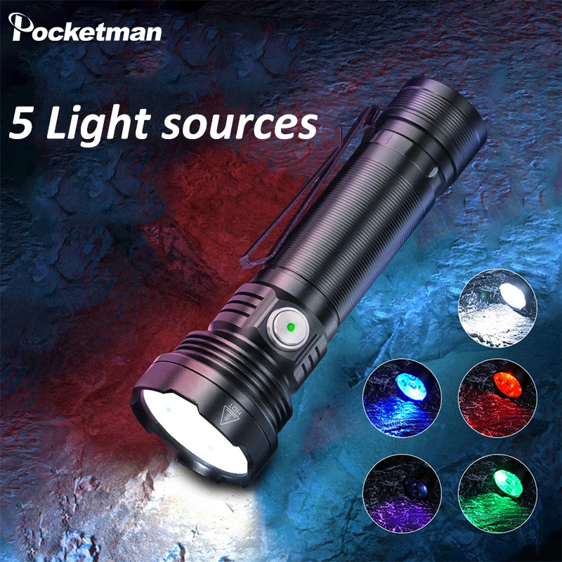 White Red Blue Green UV Light 10 Modes Rechargeable Flashlight Super Bright Aluminum Alloy Torch Outdoor Work Light