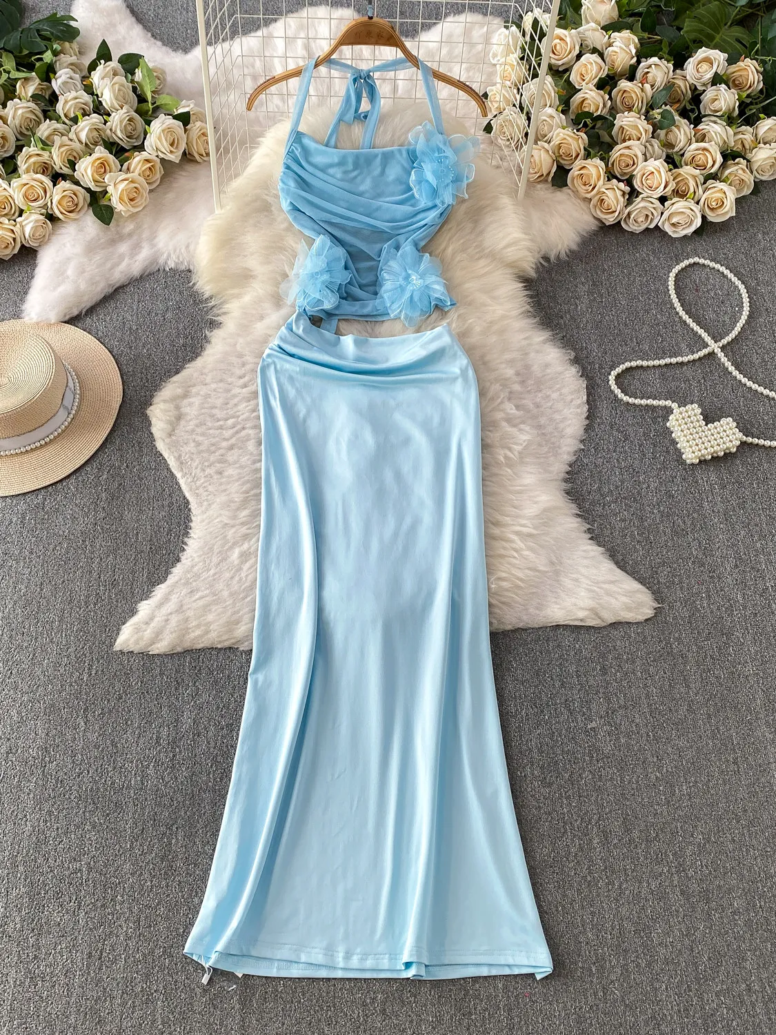 Women's Blue Halter Evening Party Dress Vacation Style French Elegant 3D Flower Spliced Tulle Maxi Dress for Women Summer 2026