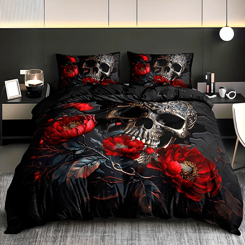 

Gothic Skull Floral Duvet Cover Set (1 Duvet Cover + 2 Pillowcase ) Soft Breathable HD Printing Bedding Set For Home Dorm Decor