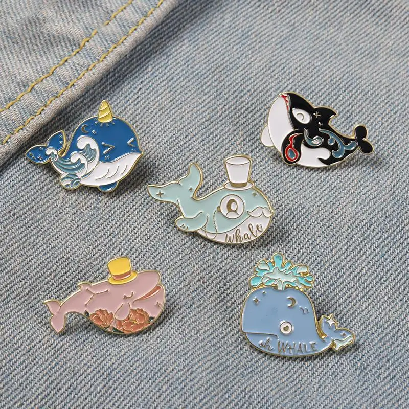 Whale Enamel Pins Sea Animal Brooches Flower Ocean Wave Cartoon Bag Hat Lapel Pin Badge Gift for Girl Boys