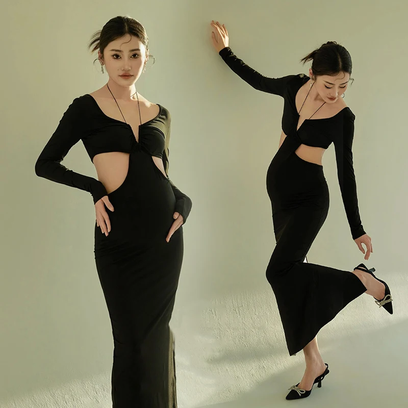 

Hollow Pregnant Photography Props Dress Baby Shower Slim Halterneck Style Black Female Sexy Maternity Dresses for Photo Shoot