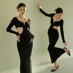 Hollow Pregnant Photography Props Dress Baby Shower Slim Halterneck Style Black Female Sexy Maternity Dresses for Photo Shoot