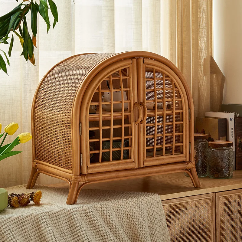 

Retro rattan mini storage household ins cabinet small cabinet double door cute small storage rack medieval tic-tac-toe grid
