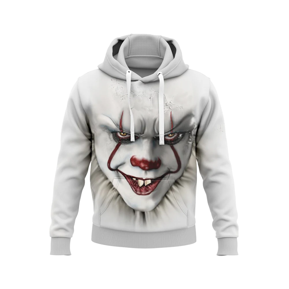 Hoodies com zíper estampados em 3D para homens e mulheres, palhaço de horror, camisola casual com capuz, moda diária, primavera e outono