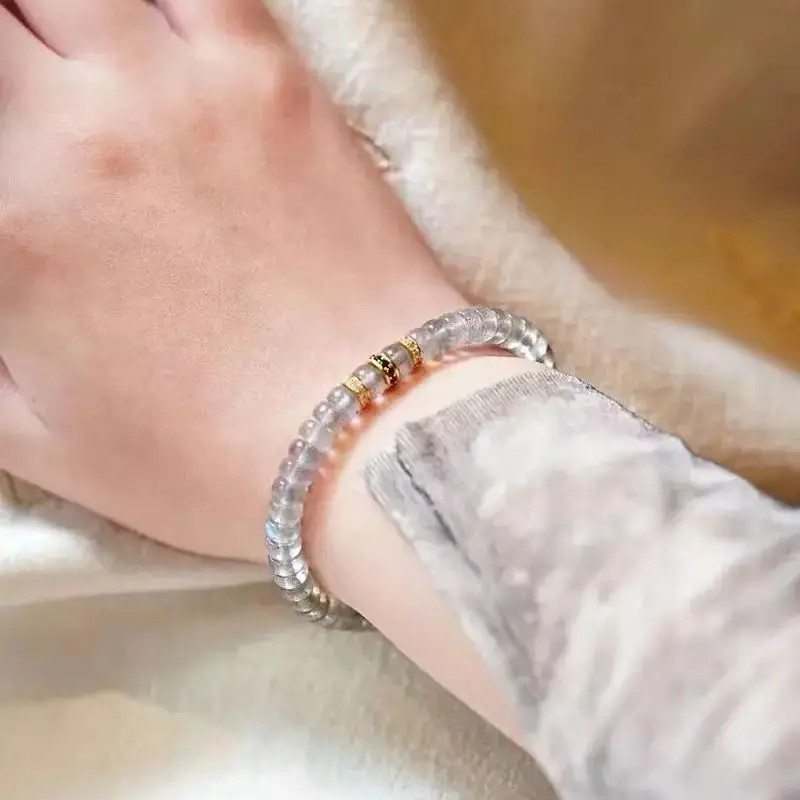 High-end design natural blue moonstone straight cut bracelet for men and women gray moon silver ring beads bracelet gift