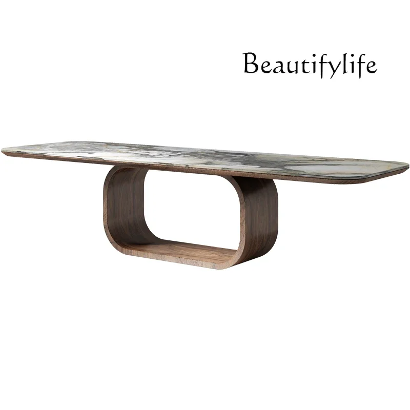 

W Natural Marble Dining Table Rectangular Modern Simple Light Luxury Retro Walnut Color Creative Dining Table