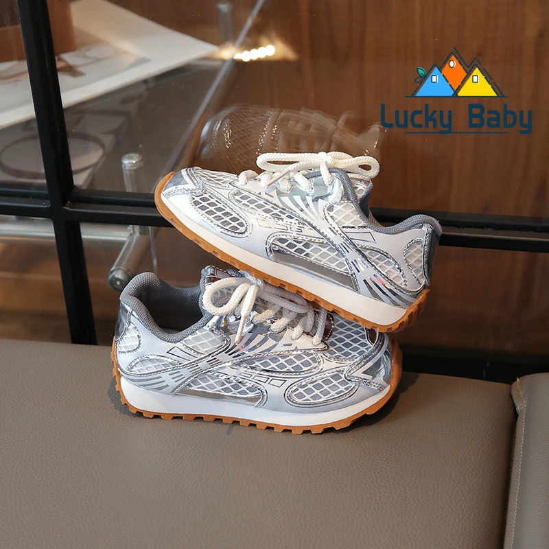

2025 Summer Toddler Kid Running Orbit Metallic Rubber Mesh Sneaker Children Casual Fashion Shoe Boy Girl Sports Walking Shoes