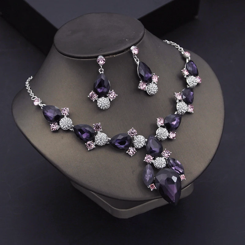 Gorgeous Crystal Jewelry Sets for Women Luxury Choker Necklace Earrings Set Wedding Dress Bridal Fashion Costume Accessories