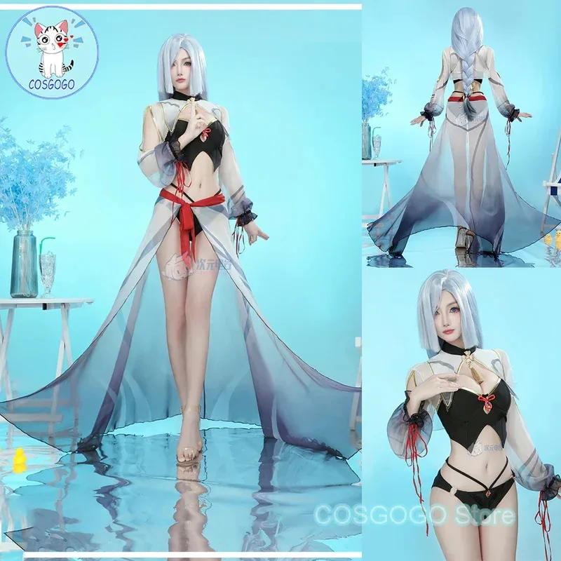 COSGOGO 게임 Genshin Impact Shenhe 코스프레 의상 Shen He 비키니 세트 섹시한 바디 슈트 할로윈 스플릿 수영복 Womena;2'k,8;c'