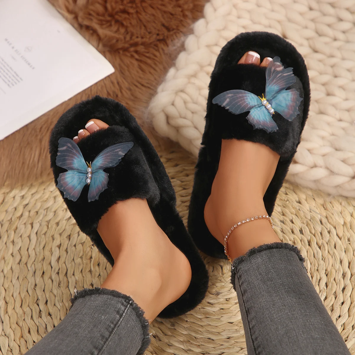 Fairycore Black Faux Fur Slippers for Women with 3D Blue Butterfly & Pearl, Non-Slip Warm Bedroom Shoes.
