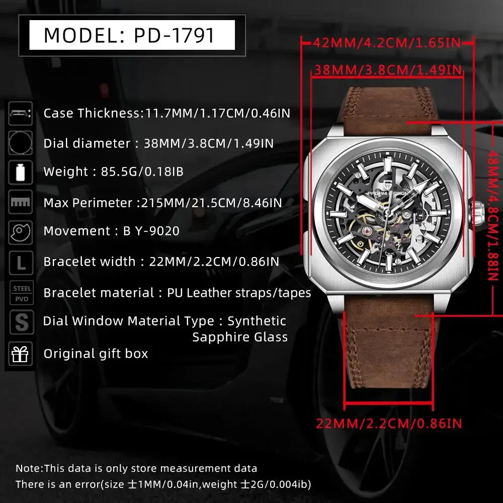 PAGANI DESIGN 38mm Square Luminous Dial Men's Mechanical Automatic Watch 50m Waterproof Tourbillon Hot Selling PD1791