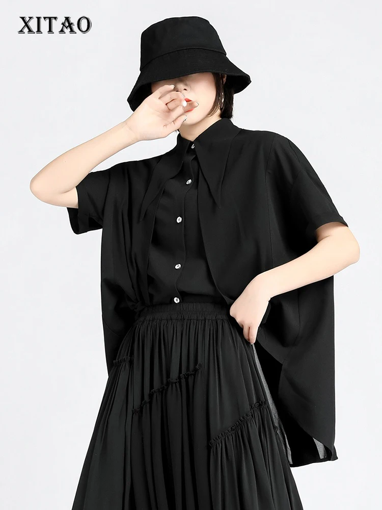 

XITAO Asymmetrical Female Shirt Casual Loose Fitting Turn-down Collar Short Sleeve Solid Color Summer Women Blouse ZMY1202