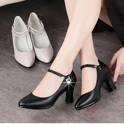 Spring Soft Leather Women's Comfort Soft Bottom Single Shoes Mom High Heels Autumn New Buckle Causal Leather Shoes