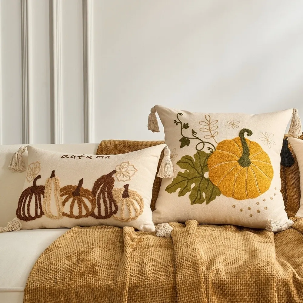 New Pumpkin Tufted Throw Pillow Cover Rustic Style Maple Leaves Autumn Pillowcase Soft Square Pillow Covers Fall Decor