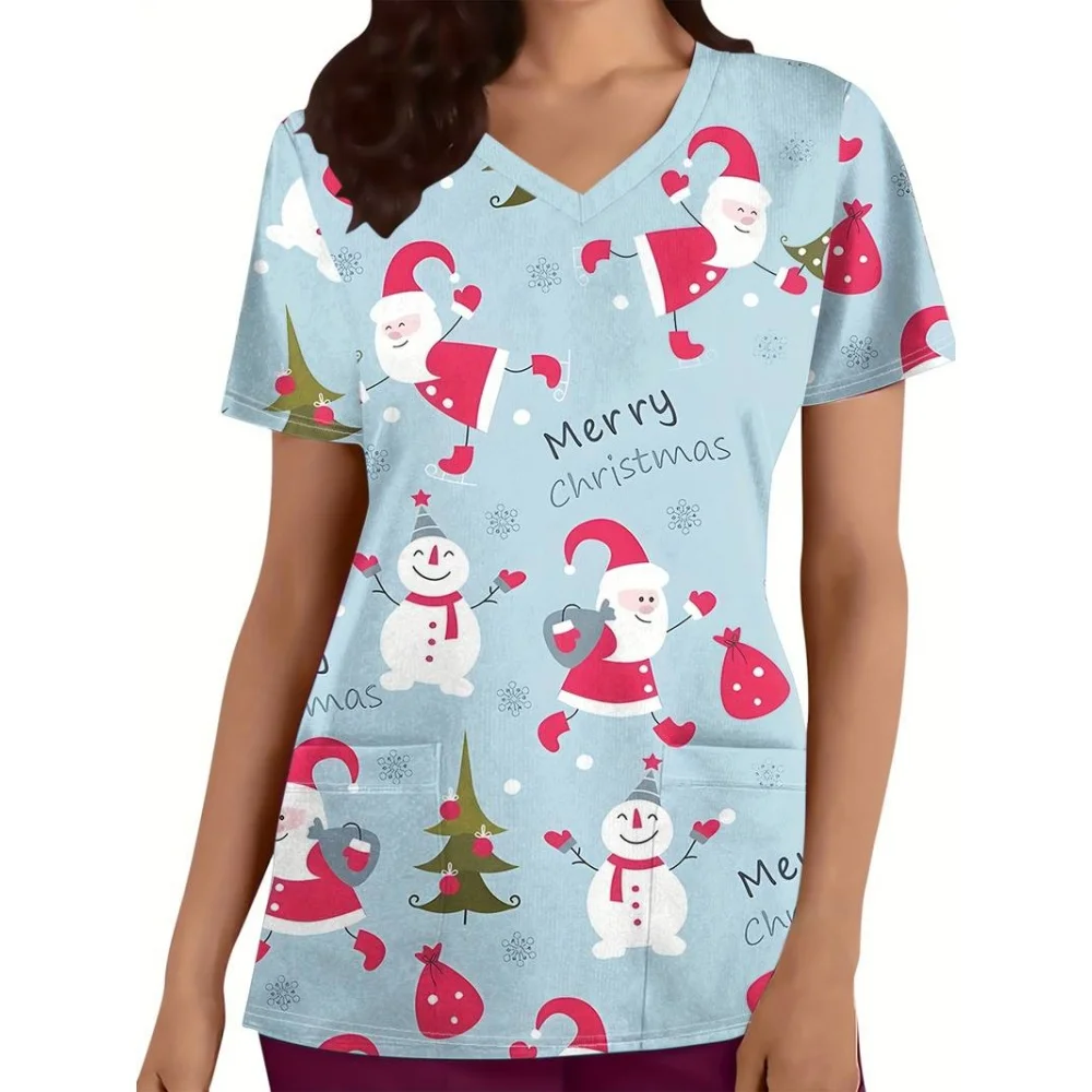 Uniforme de gommage de noël pour femme, motif de bonhomme de neige de dessin animé, haut d'infirmière de dentiste, confortable à manches courtes avec poche, uniforme d'infirmière pour femme