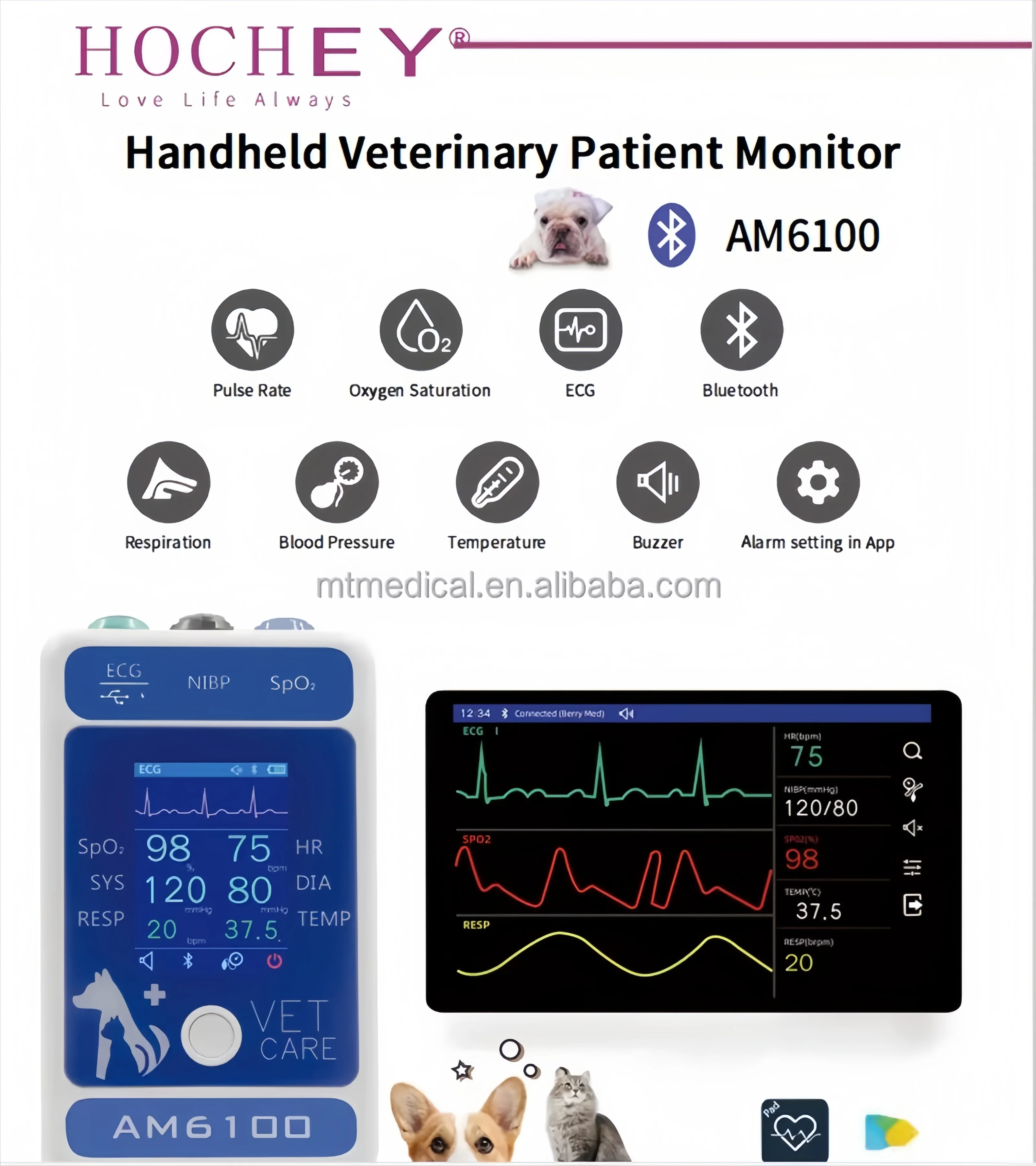 

AM6100 Veterinary Monitor Easy-to-carry Handle Multiple Vital Signs:PR, HR, NIBP(Blood Pressure), Spo2, Resp(Respration), TEM