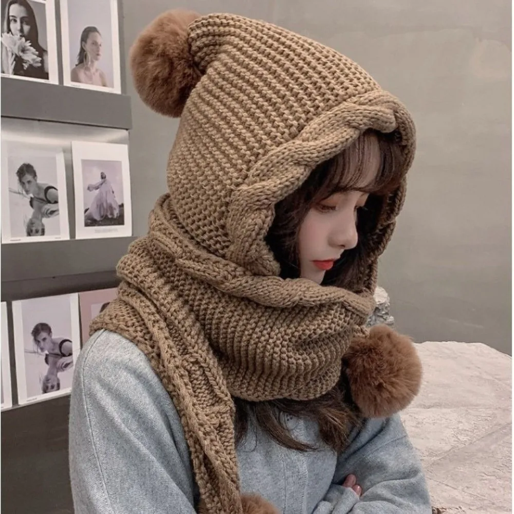 

Fashion Twist Knitted Hat Scarf Set Ear Protection Neck Warmer Women Hooded Scarf Thicken Korean Style Neckerchief Autumn