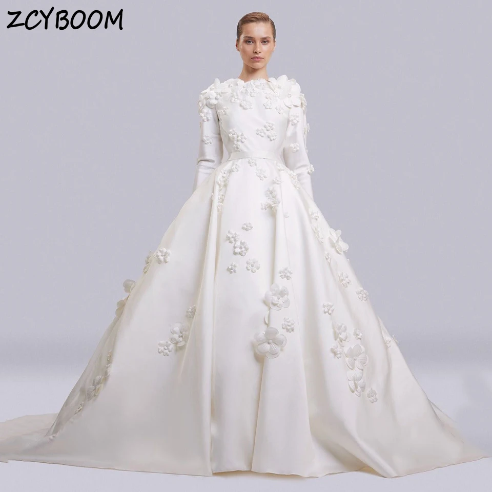 

Elegant White Flowers Long Sleeves Open Back Wedding Dress 2024 Ball Gown Floor Length Sweep Train Custom Made Bridal Gown