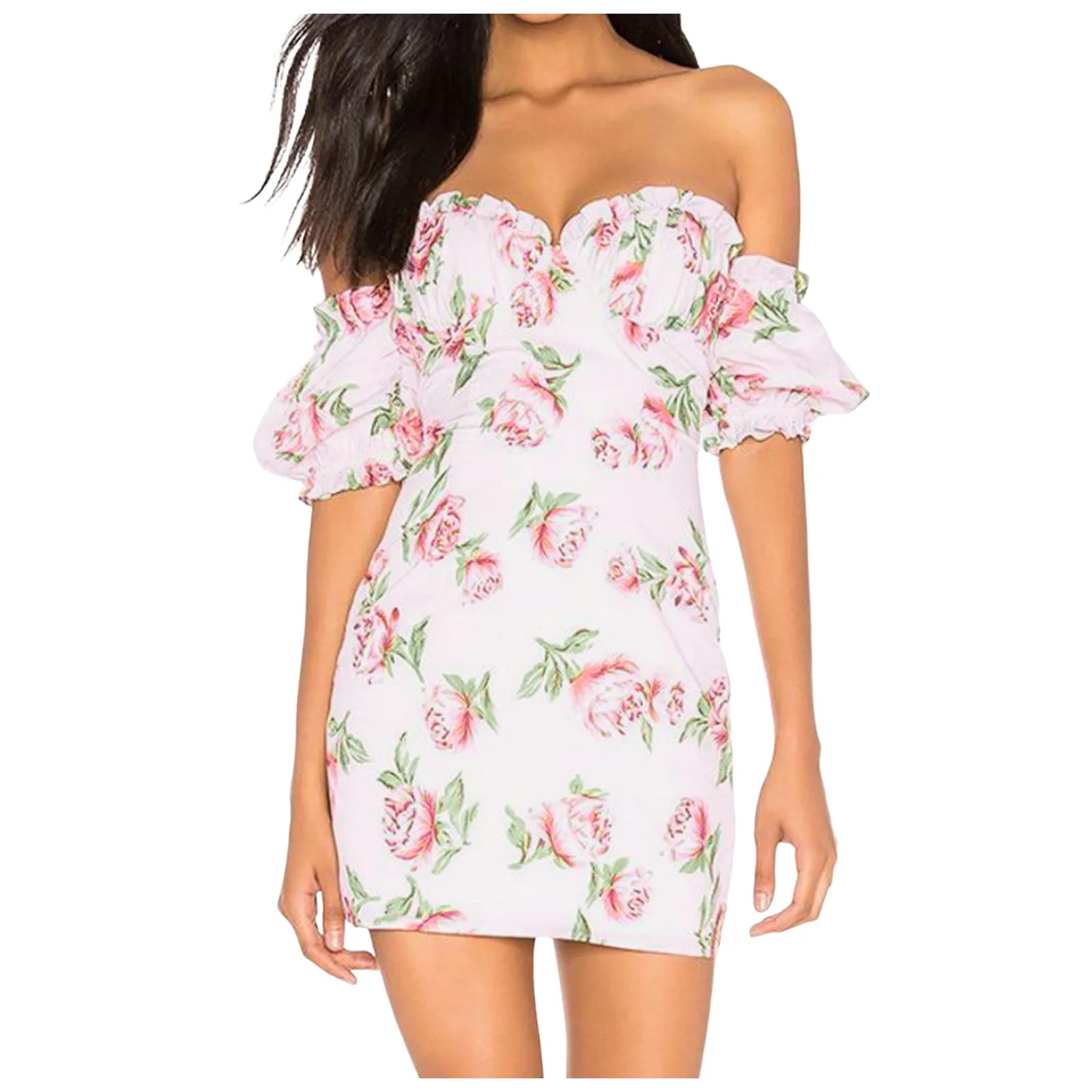 2024 sommer Off Schulter Floral Kurze Kleider Frauen Französisch Puff Sleeve Liebsten Kleid Elegante Süße Mädchen Urlaub Party Kleid